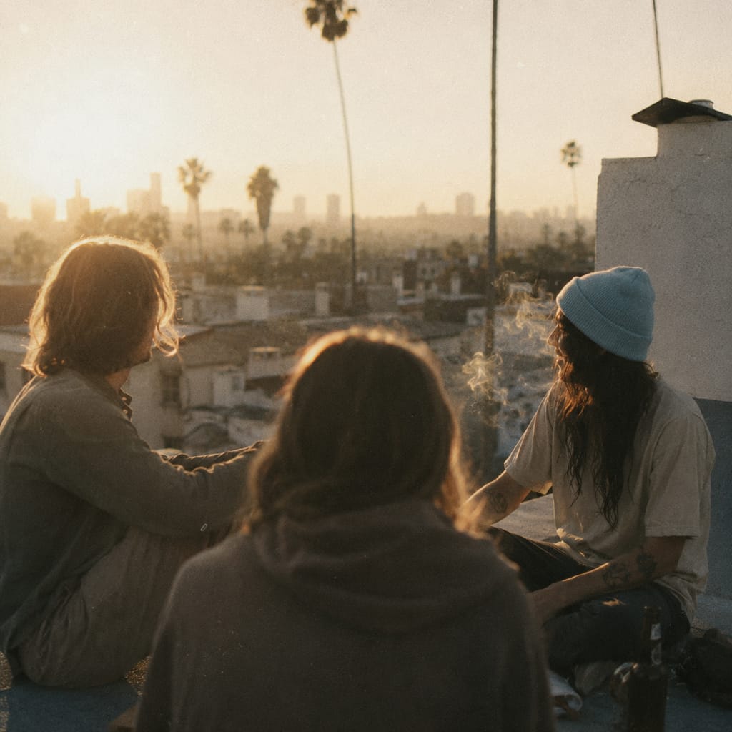 Friends relaxing on a rooftop at dusk