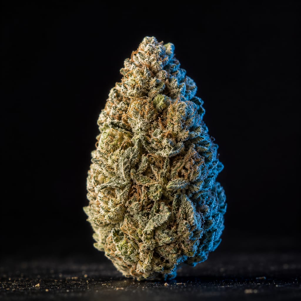 Frosty cannabis flower on a dark studio surface