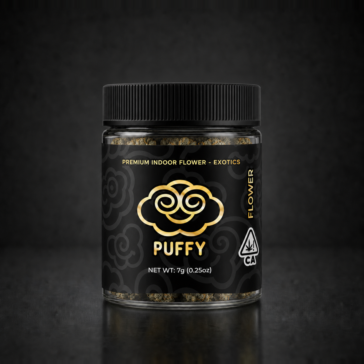 Puffy Premium Indoor Flower Exotics jar with gold label accents