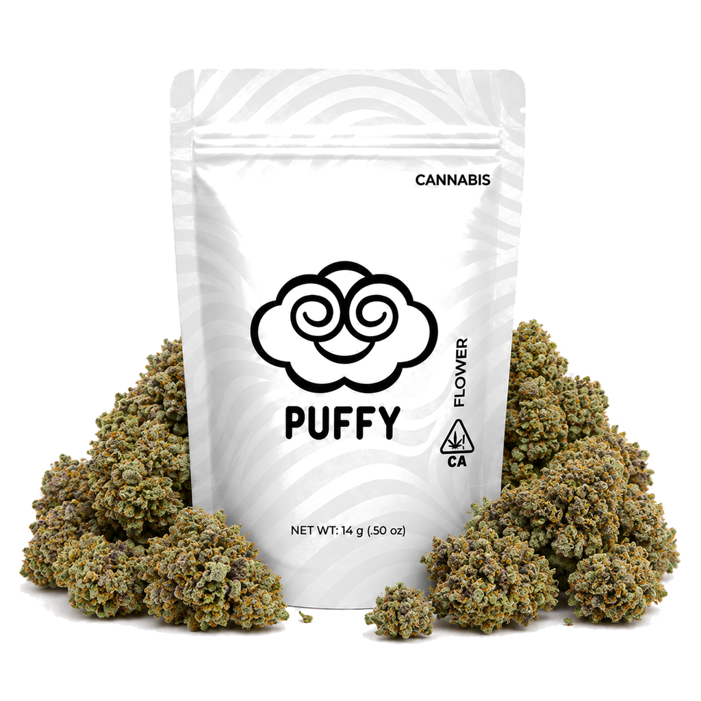 Puffy 14g half-ounce mylar bag surrounded by cannabis buds