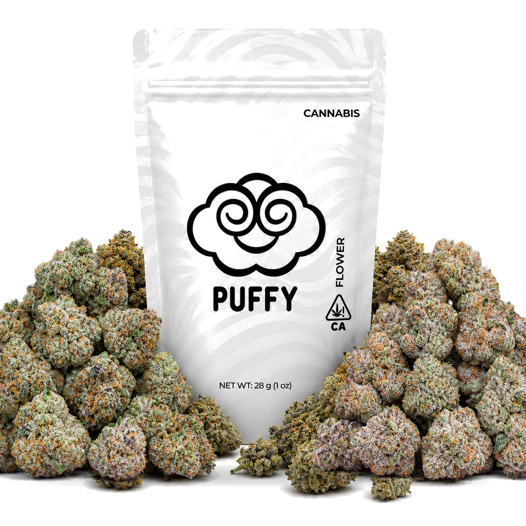 Puffy 28g ounce mylar bag with a full ounce presentation of premium cannabis flower