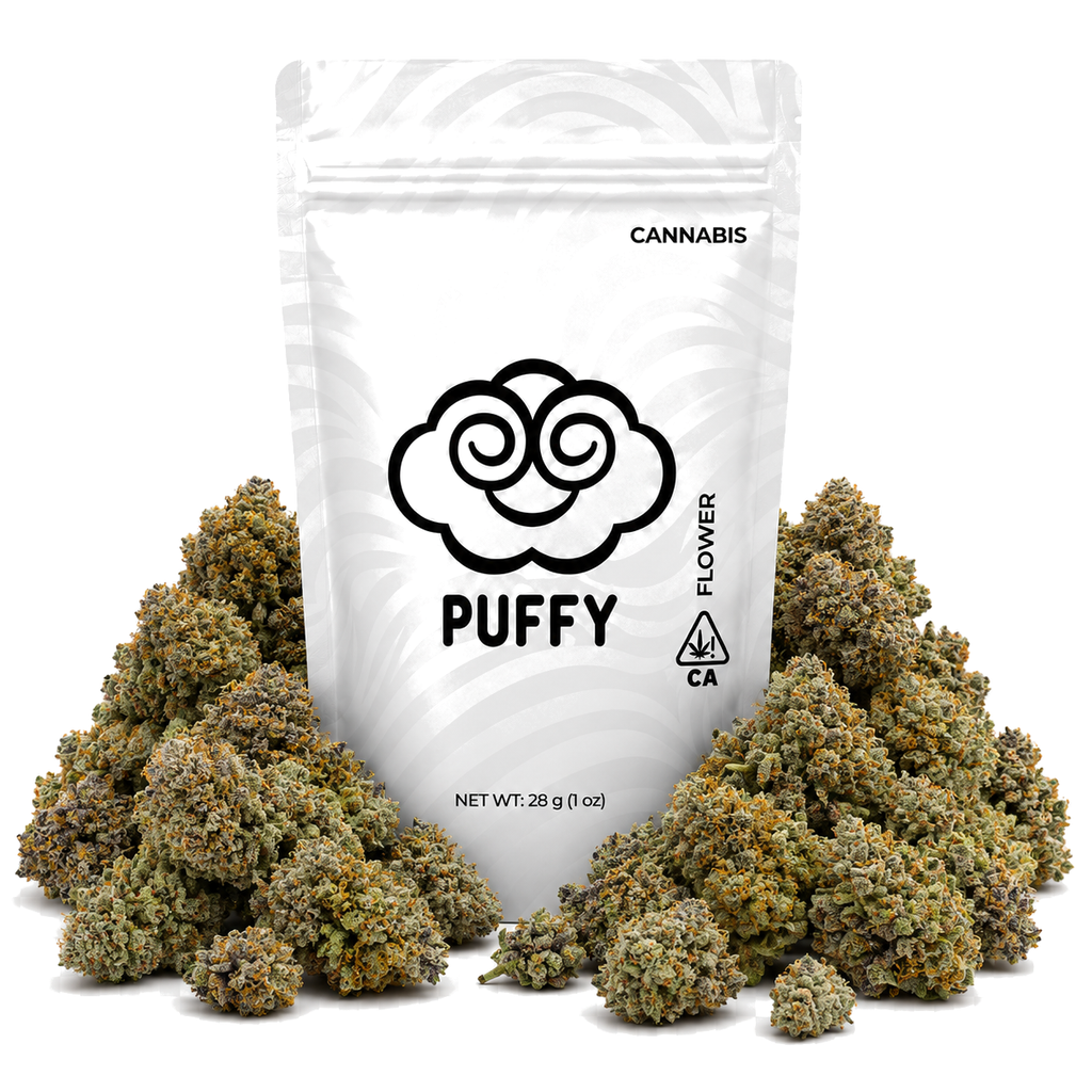 Puffy 28g ounce mylar bag buried in piles of cannabis buds