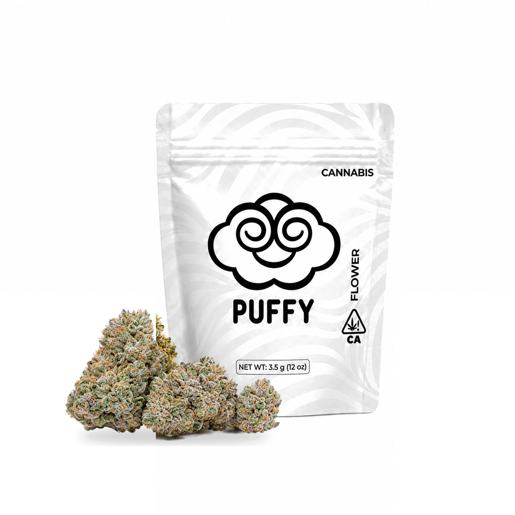 Puffy 3.5g eighth mylar bag with premium cannabis flower