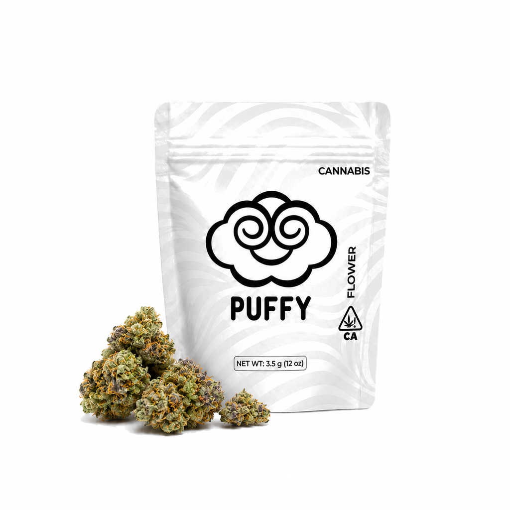 Puffy 3.5g eighth mylar bag with fresh cannabis buds beside it