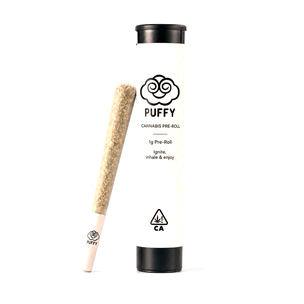 Puffy cannabis pre-roll tube with one pre-roll leaning beside it